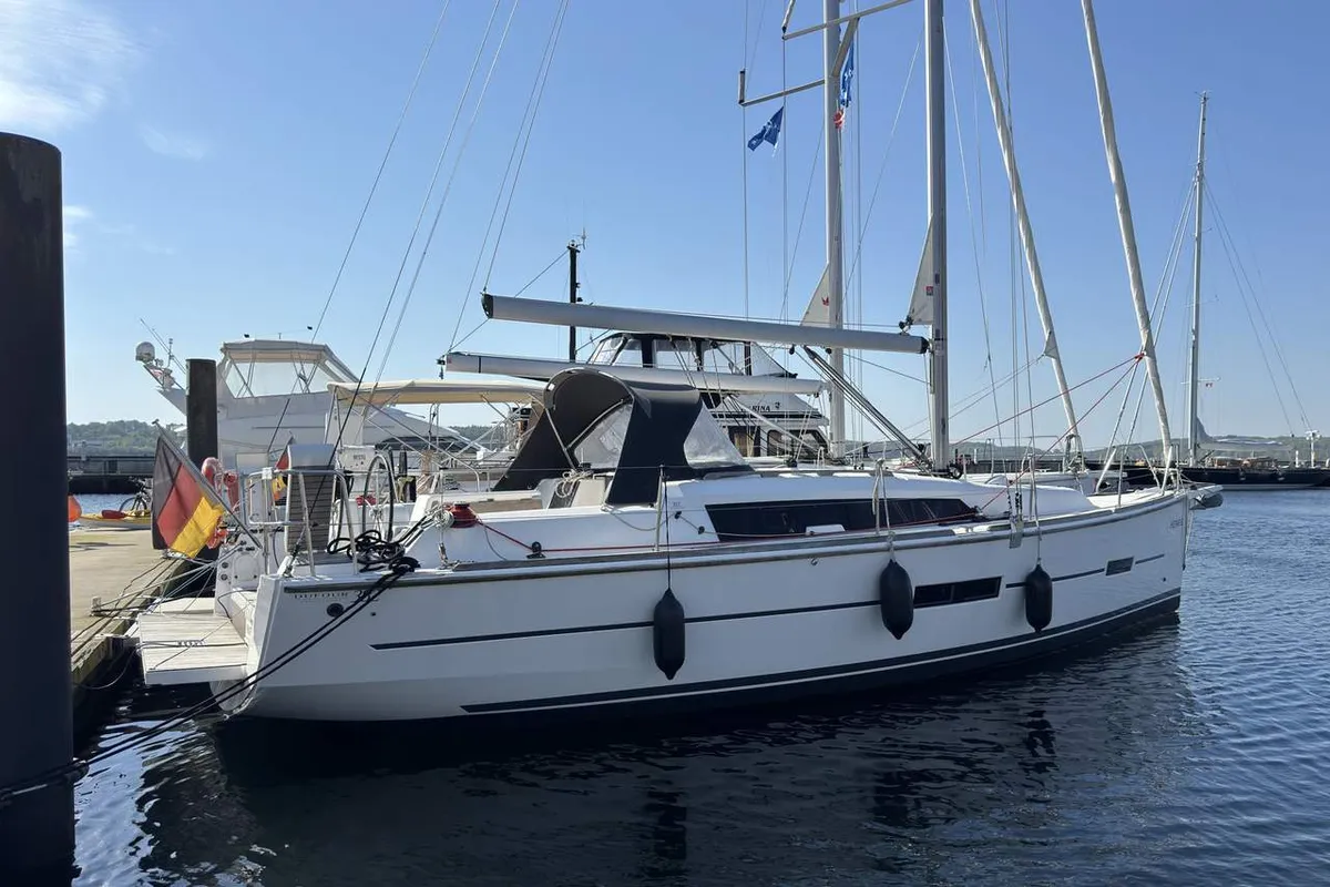 Exterior view of Herbie, a Dufour 382 GL sailboat at Flensburg, Germany