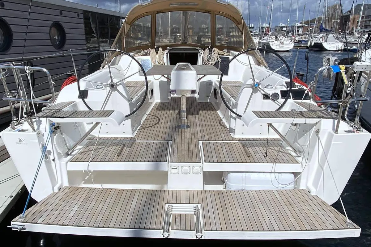 Deck of Herbie, a Dufour 382 GL sailboat at Flensburg, Germany