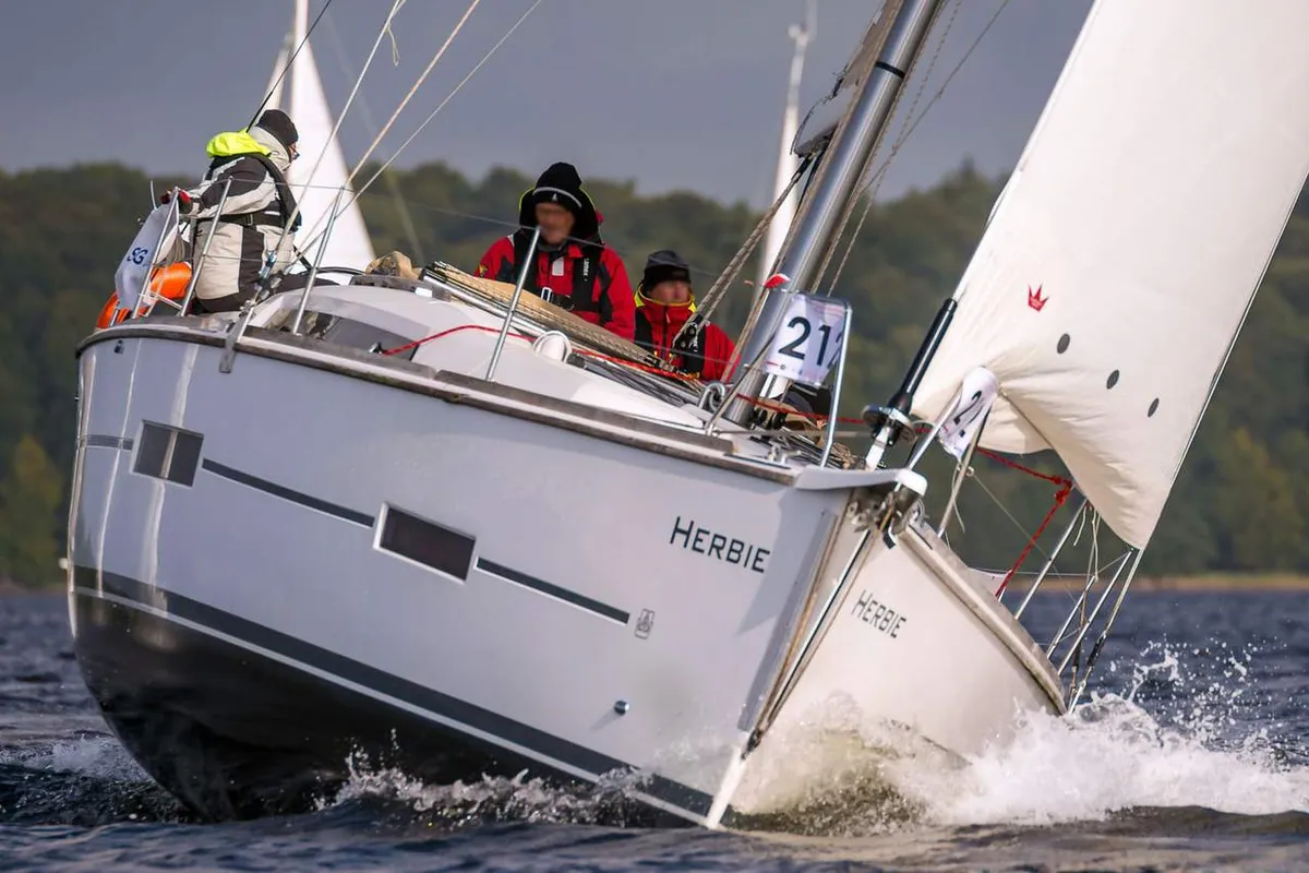 Exterior view of Herbie, a Dufour 382 GL sailboat at Flensburg, Germany