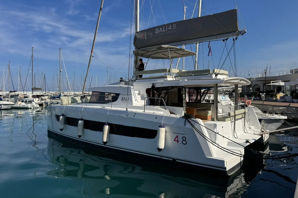Exterior view of Silver Dolphin Sicilia, a Bali 4.8 catamaran at Capo d'Orlando, Italy