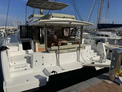 Exterior view of Silver Dolphin Sicilia, a Bali 4.8 catamaran at Capo d'Orlando, Italy