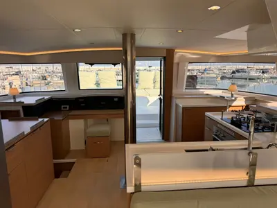 Salon of Silver Dolphin Sicilia, a Bali 4.8 catamaran at Capo d'Orlando, Italy