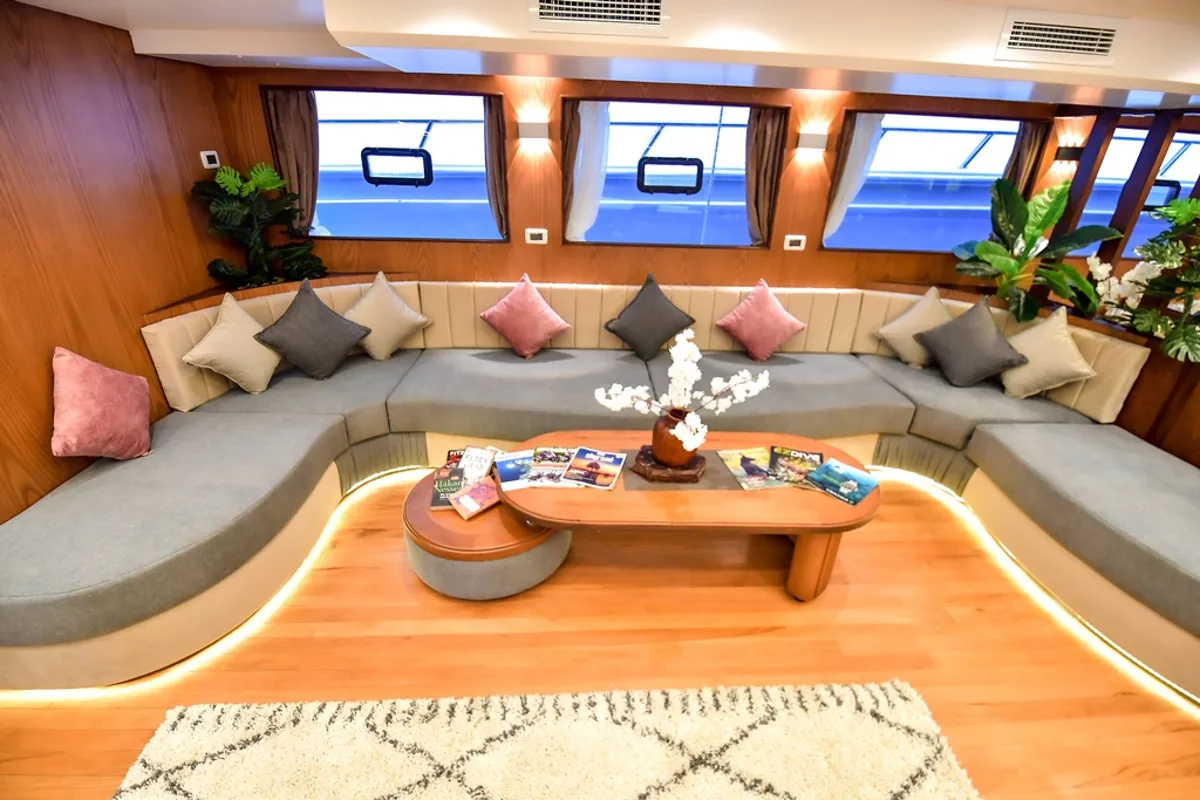 Salon of Bunk bed cabin lower deck 2, a Gulet Luxury Motor Yacht motorboat at Sharm El Sheikh, Egypt