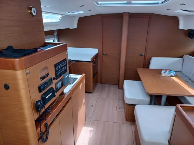 Salon of Cloe I, a Jeanneau Sun Odyssey 490 sailboat at Olbia, Italy