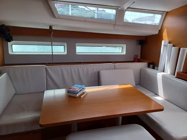Salon of Cloe I, a Jeanneau Sun Odyssey 490 sailboat at Olbia, Italy