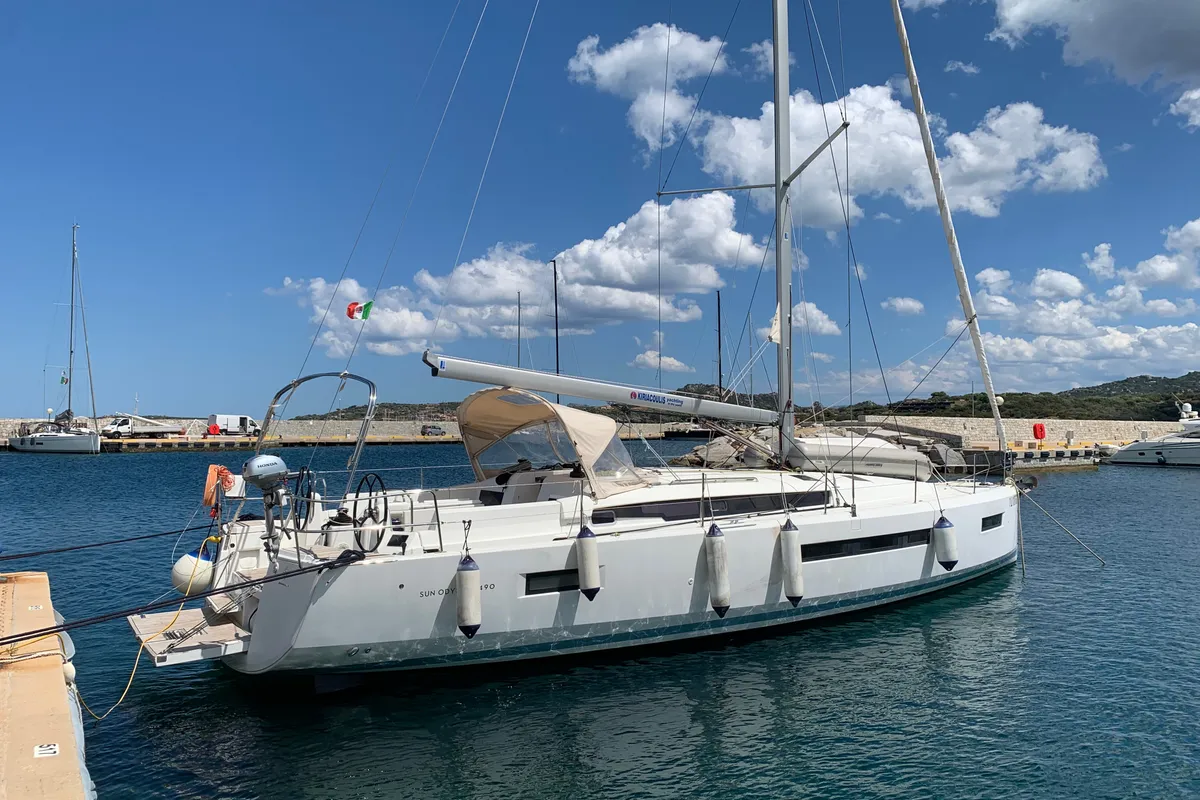 Exterior view of Cloe I, a Jeanneau Sun Odyssey 490 sailboat at Olbia, Italy