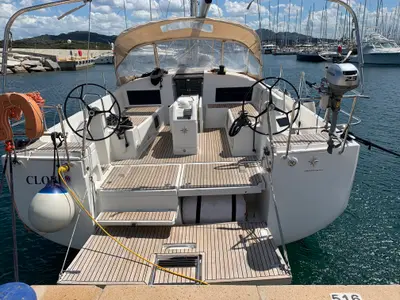 Deck of Cloe I, a Jeanneau Sun Odyssey 490 sailboat at Olbia, Italy