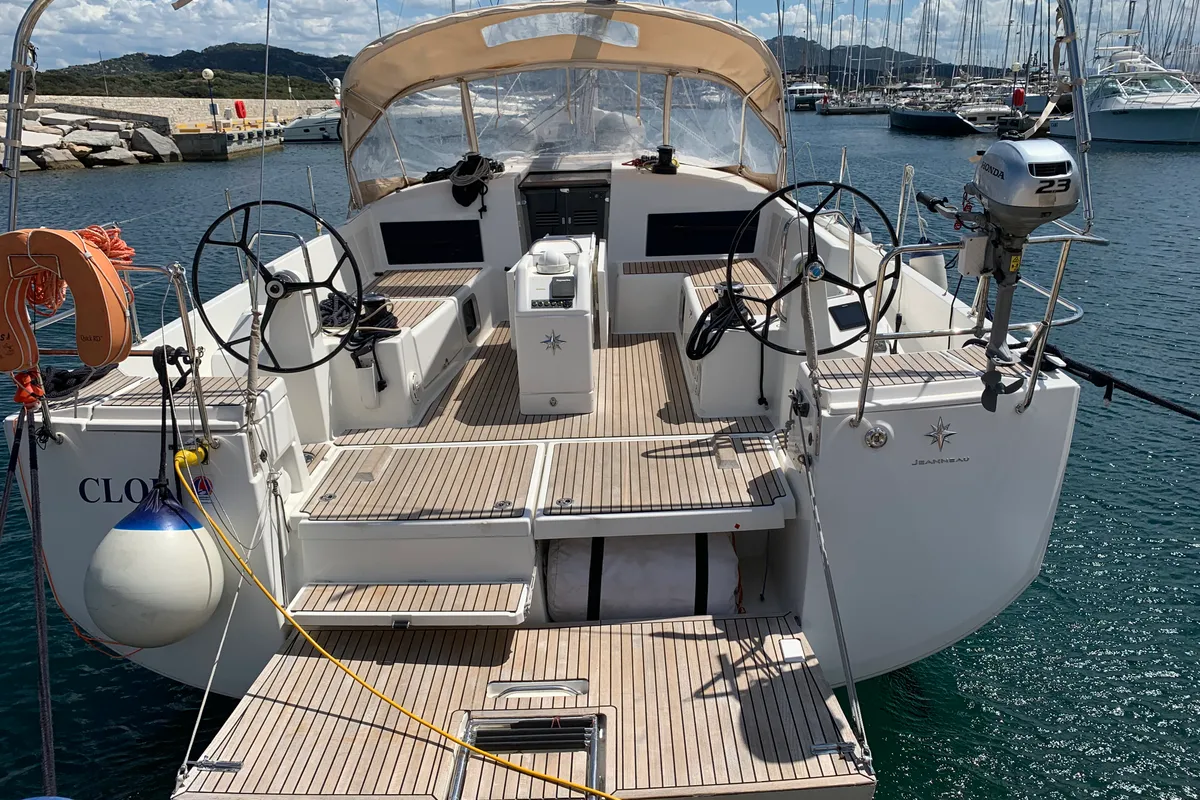 Deck of Cloe I, a Jeanneau Sun Odyssey 490 sailboat at Olbia, Italy