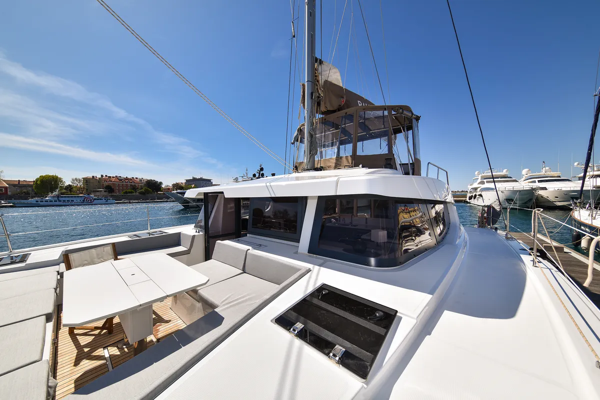 Deck of DESTINY, a Bali 4.6 catamaran at Zadar, Croatia