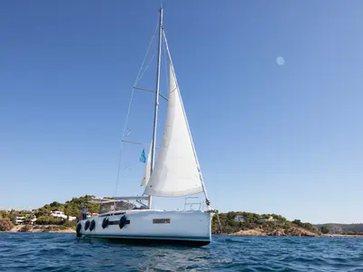 Exterior view of Wu Wei, a Jeanneau Sun Odyssey 490 sailboat at Kos, Greece