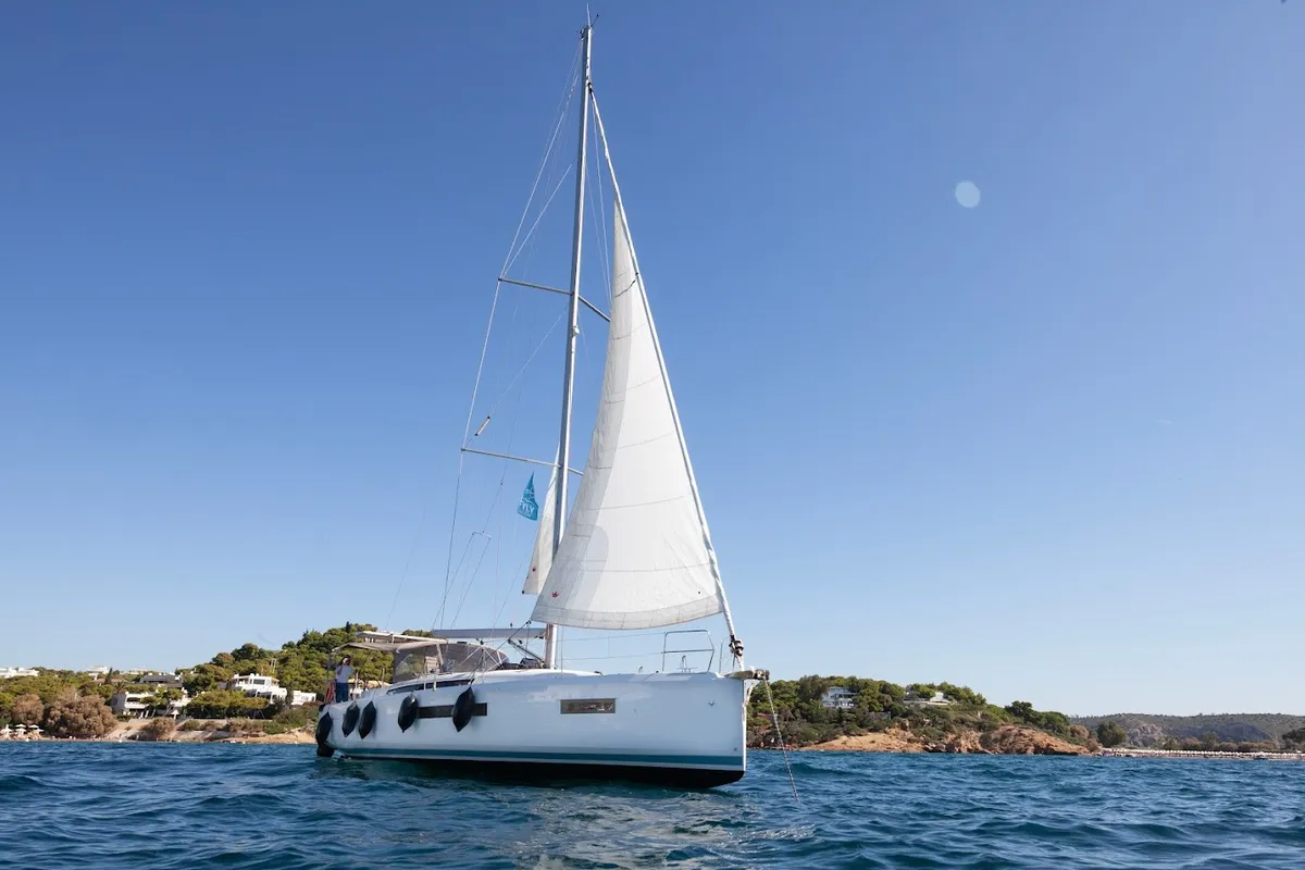 Exterior view of Wu Wei, a Jeanneau Sun Odyssey 490 sailboat at Kos, Greece