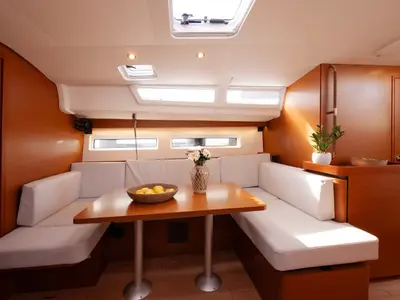 Salon of Wu Wei, a Jeanneau Sun Odyssey 490 sailboat at Kos, Greece