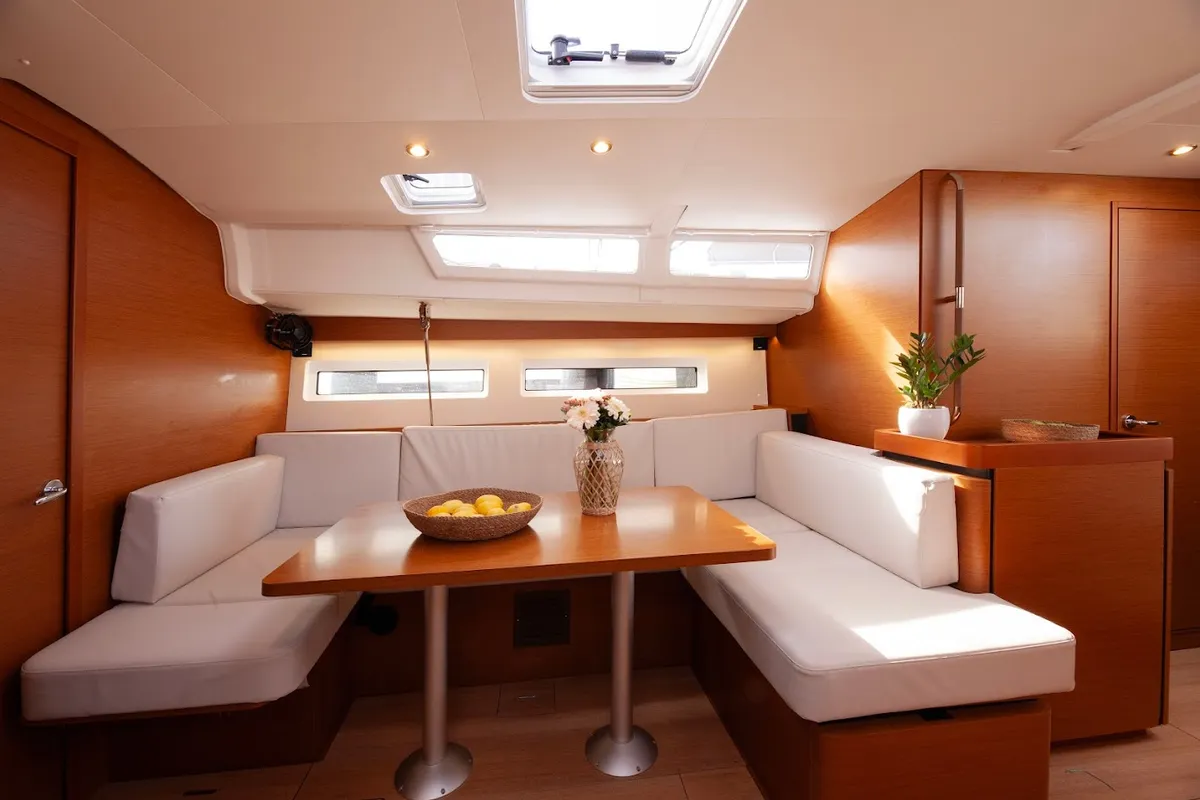 Salon of Wu Wei, a Jeanneau Sun Odyssey 490 sailboat at Kos, Greece