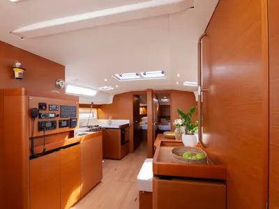 Salon of Wu Wei, a Jeanneau Sun Odyssey 490 sailboat at Kos, Greece
