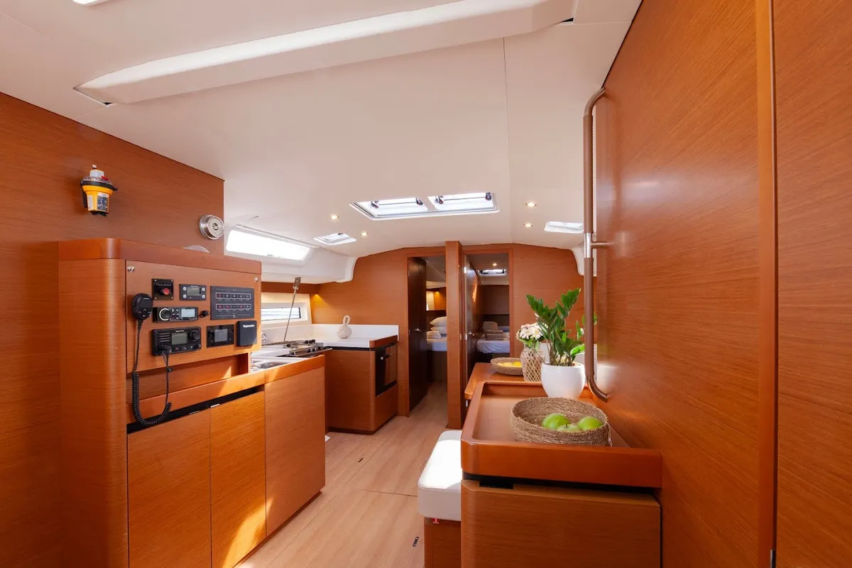 Salon of Wu Wei, a Jeanneau Sun Odyssey 490 sailboat at Kos, Greece