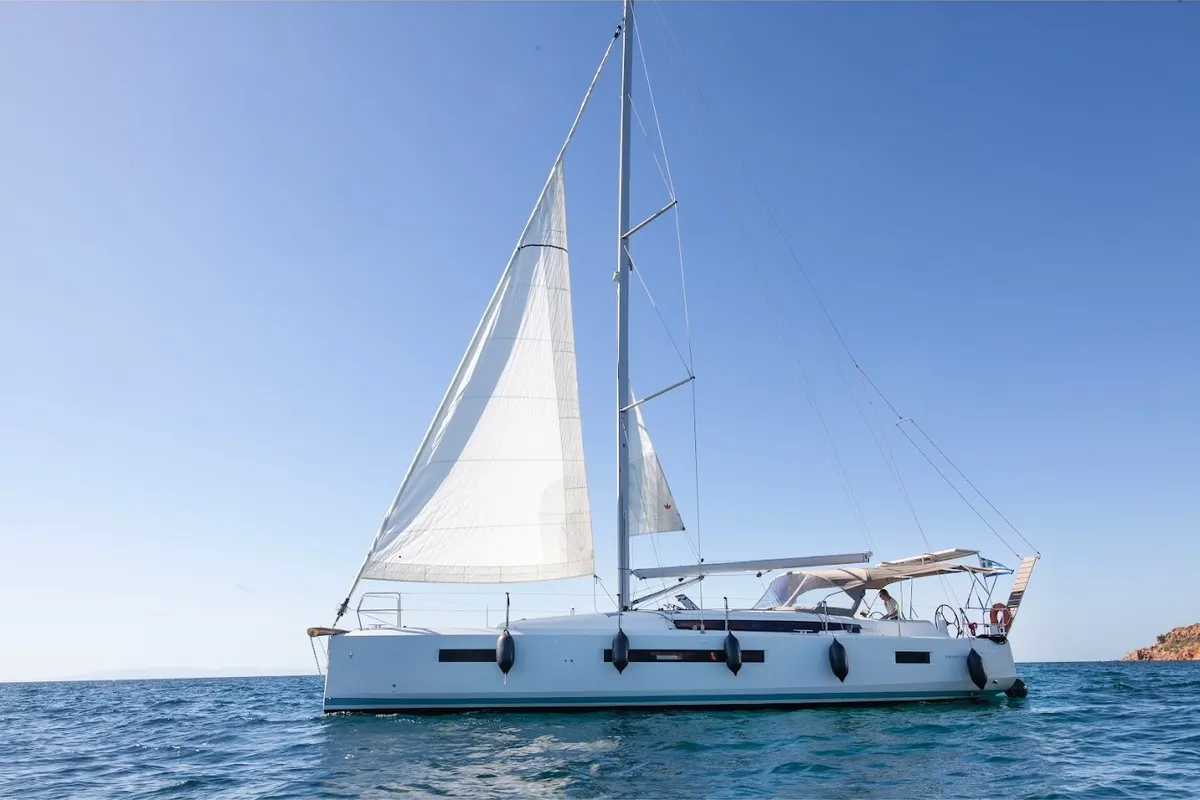 Exterior view of Wu Wei, a Jeanneau Sun Odyssey 490 sailboat at Kos, Greece