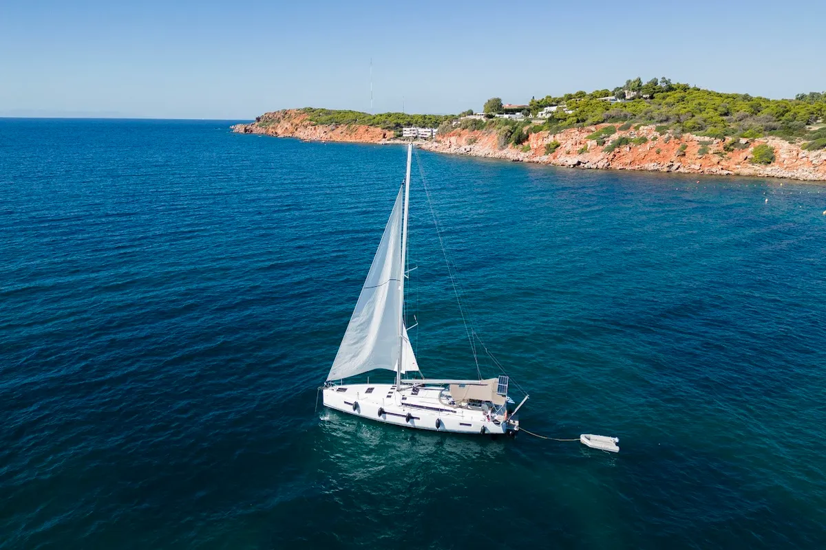 Exterior view of Wu Wei, a Jeanneau Sun Odyssey 490 sailboat at Kos, Greece