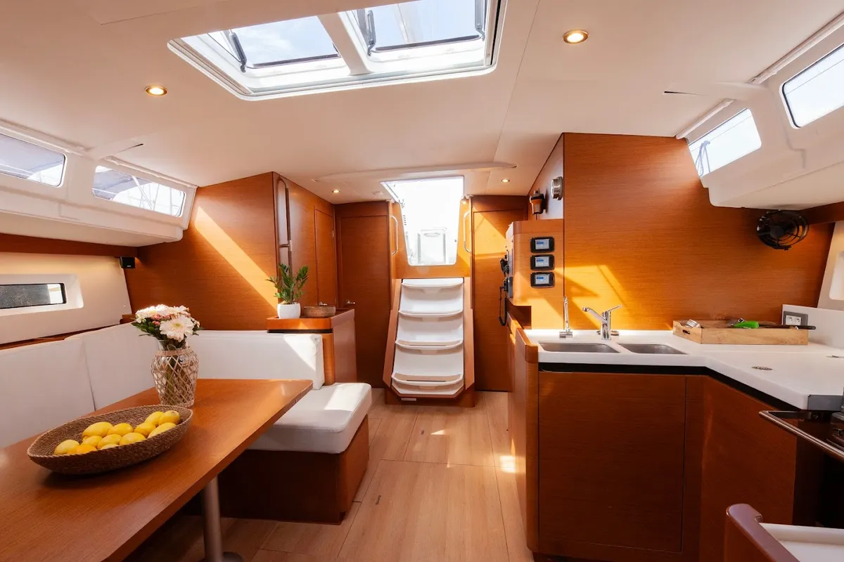 Salon of Wu Wei, a Jeanneau Sun Odyssey 490 sailboat at Kos, Greece