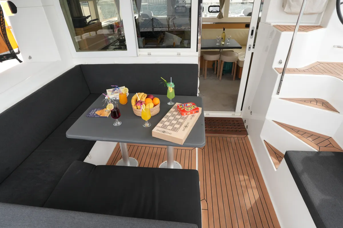 Deck of Joy One, a Lagoon 39 catamaran at Fethiye, Turkey