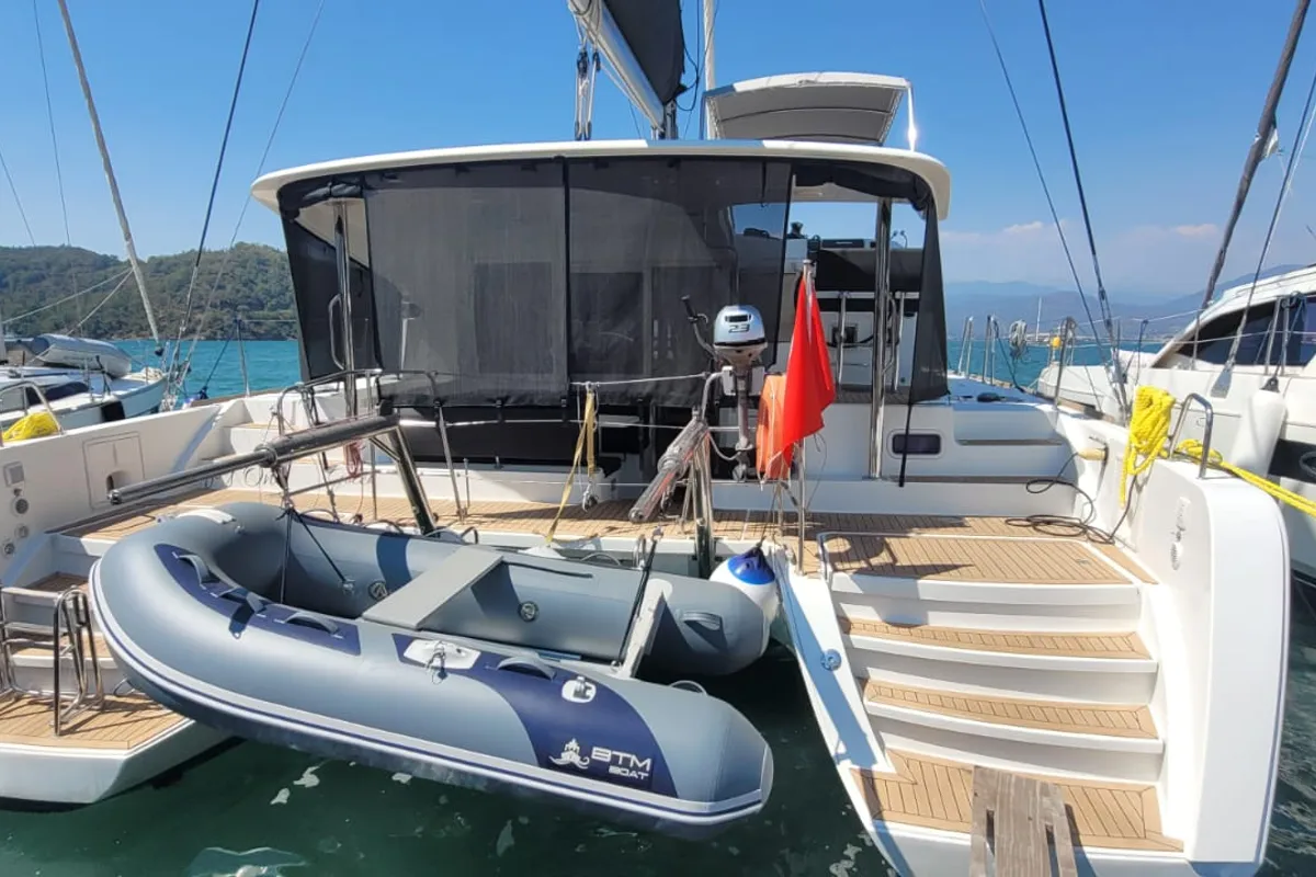 Deck of Joy One, a Lagoon 39 catamaran at Fethiye, Turkey