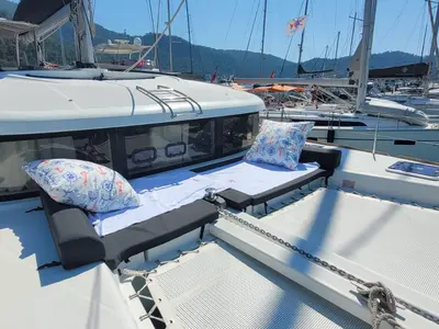 Deck of Joy One, a Lagoon 39 catamaran at Fethiye, Turkey