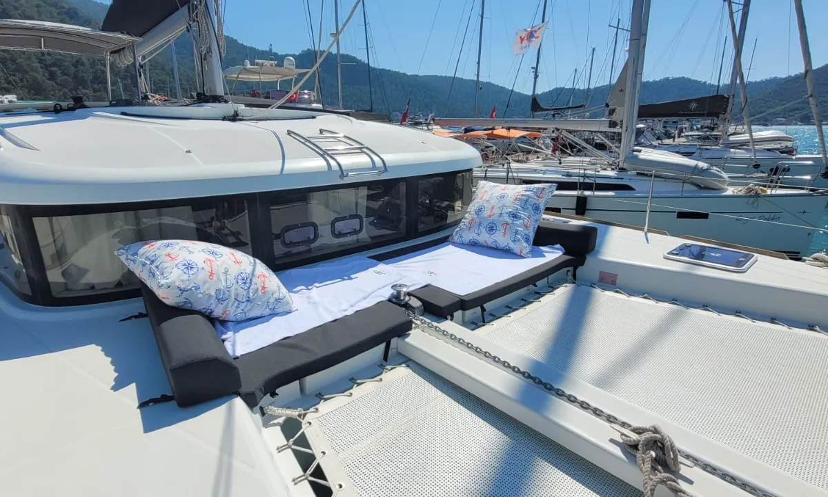 Deck of Joy One, a Lagoon 39 catamaran at Fethiye, Turkey