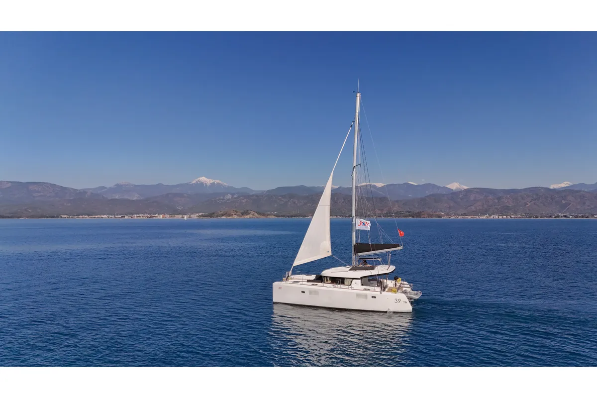Exterior view of Joy One, a Lagoon 39 catamaran at Fethiye, Turkey