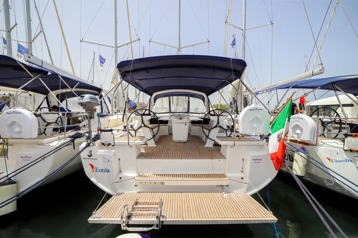 Exterior view of Eonia, a Beneteau Oceanis 46.1 sailboat at Castellammare del Golfo, Italy