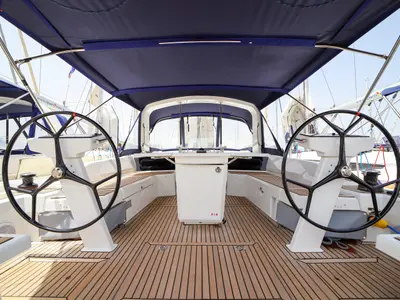 Cockpit of Eonia, a Beneteau Oceanis 46.1 sailboat at Castellammare del Golfo, Italy