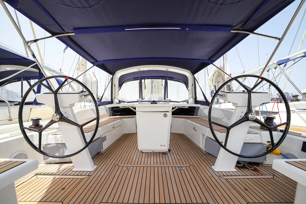 Cockpit of Eonia, a Beneteau Oceanis 46.1 sailboat at Castellammare del Golfo, Italy