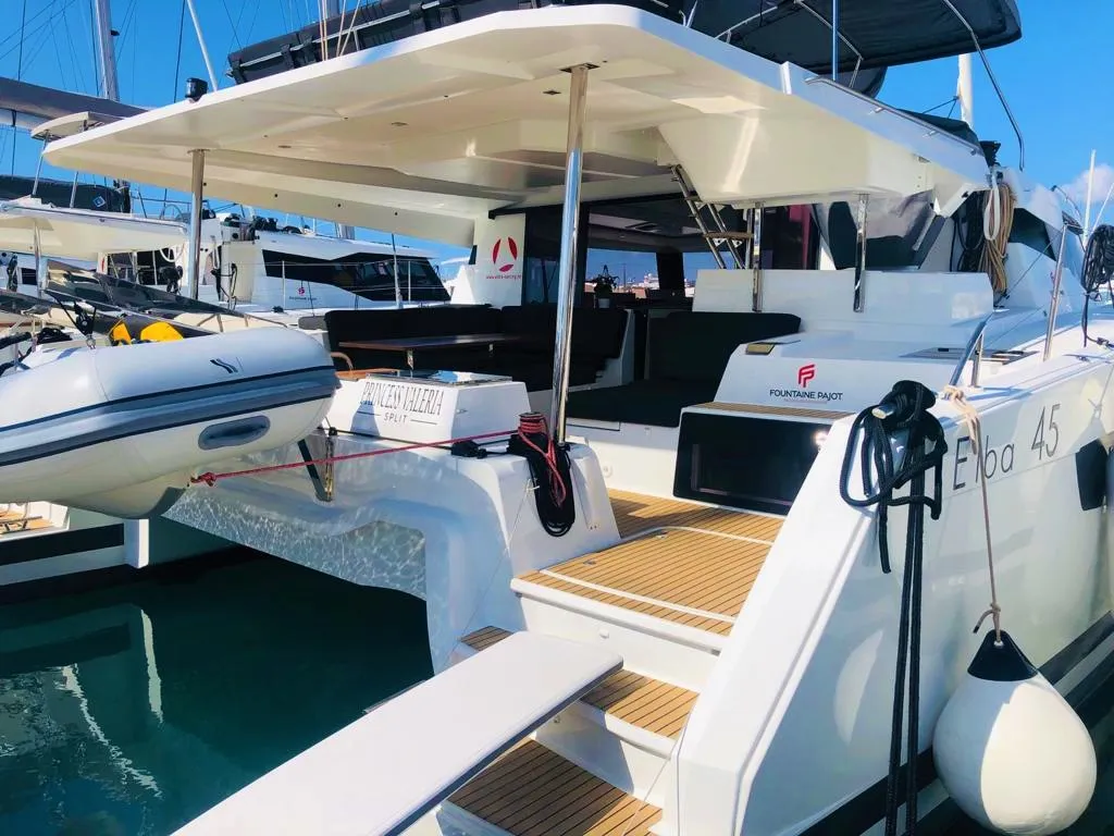 Exterior view of Princess Valeria, a Fountaine Pajot Elba 45 catamaran at Seget Donji, Croatia