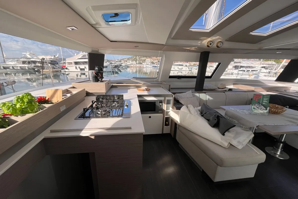Salon of Princess Valeria, a Fountaine Pajot Elba 45 catamaran at Seget Donji, Croatia