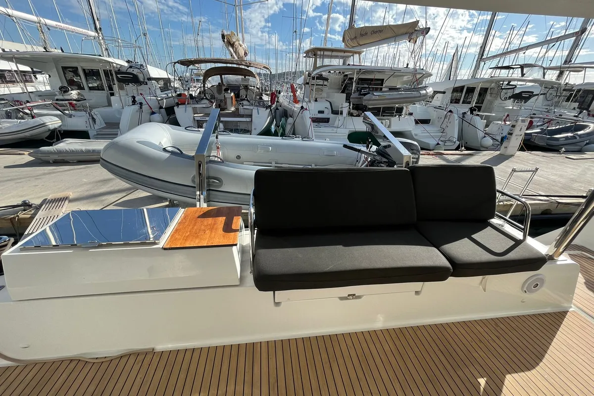 Deck of Princess Valeria, a Fountaine Pajot Elba 45 catamaran at Seget Donji, Croatia