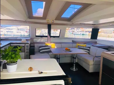Salon of Princess Valeria, a Fountaine Pajot Elba 45 catamaran at Seget Donji, Croatia