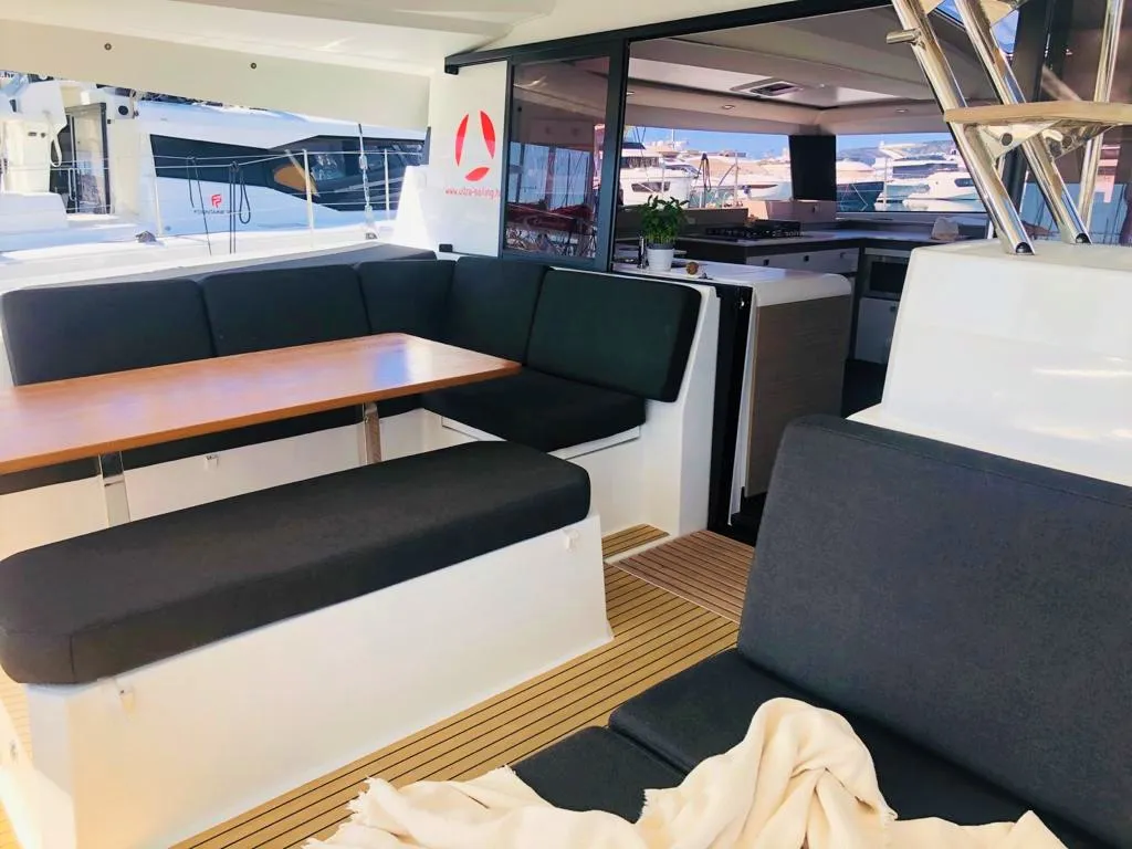 Deck of Princess Valeria, a Fountaine Pajot Elba 45 catamaran at Seget Donji, Croatia
