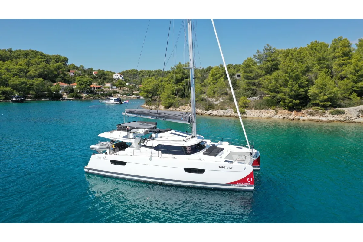 Exterior view of Princess Valeria, a Fountaine Pajot Elba 45 catamaran at Seget Donji, Croatia
