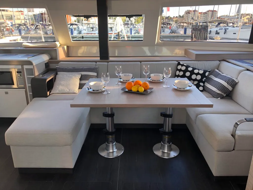 Salon of Princess Valeria, a Fountaine Pajot Elba 45 catamaran at Seget Donji, Croatia