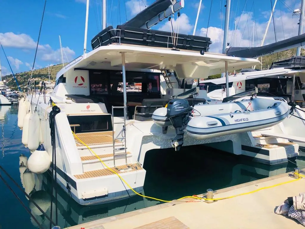 Exterior view of Princess Valeria, a Fountaine Pajot Elba 45 catamaran at Seget Donji, Croatia