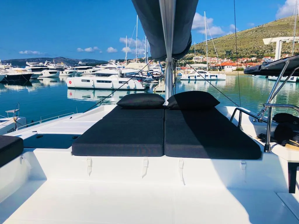 Deck of Princess Valeria, a Fountaine Pajot Elba 45 catamaran at Seget Donji, Croatia