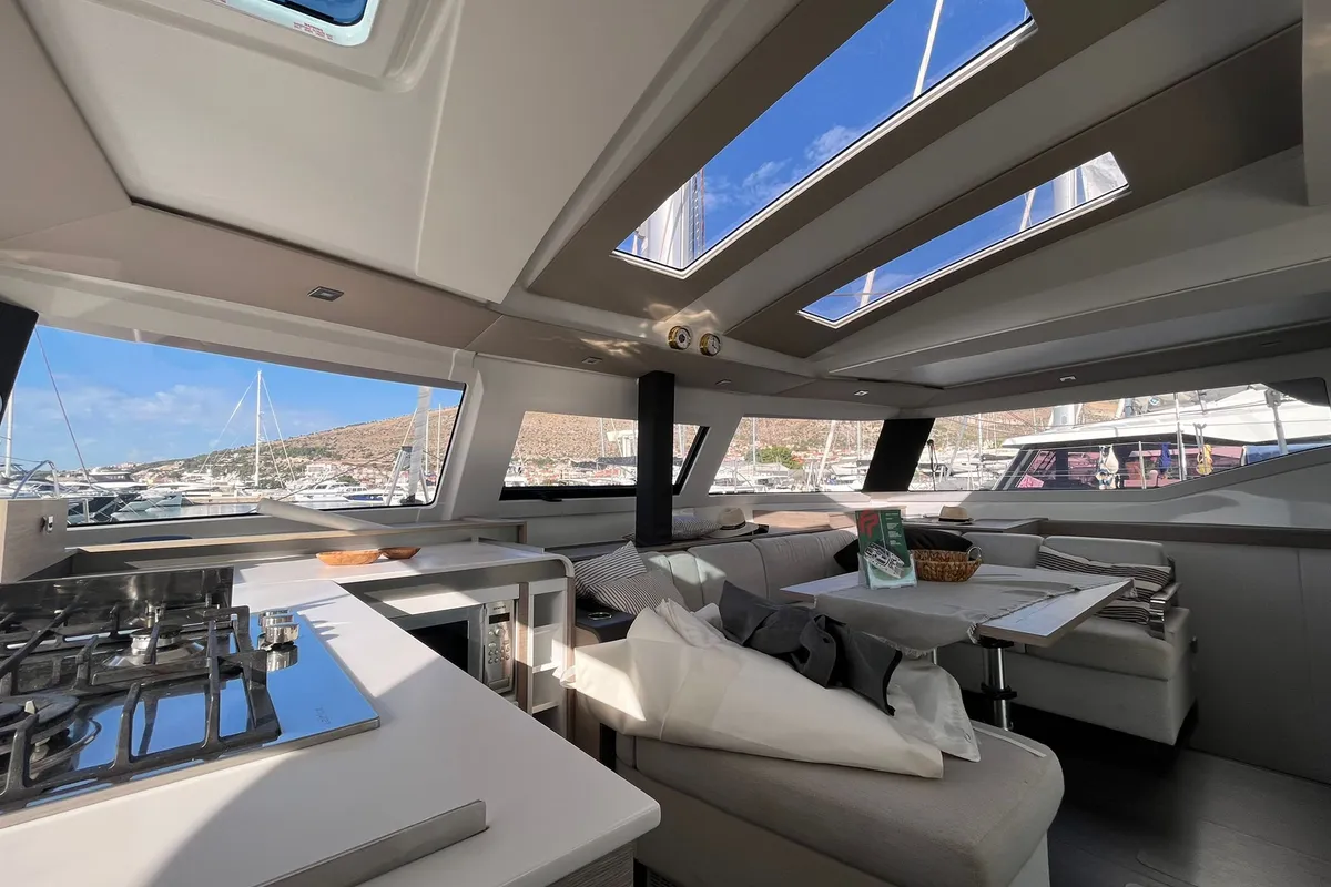 Salon of Princess Valeria, a Fountaine Pajot Elba 45 catamaran at Seget Donji, Croatia