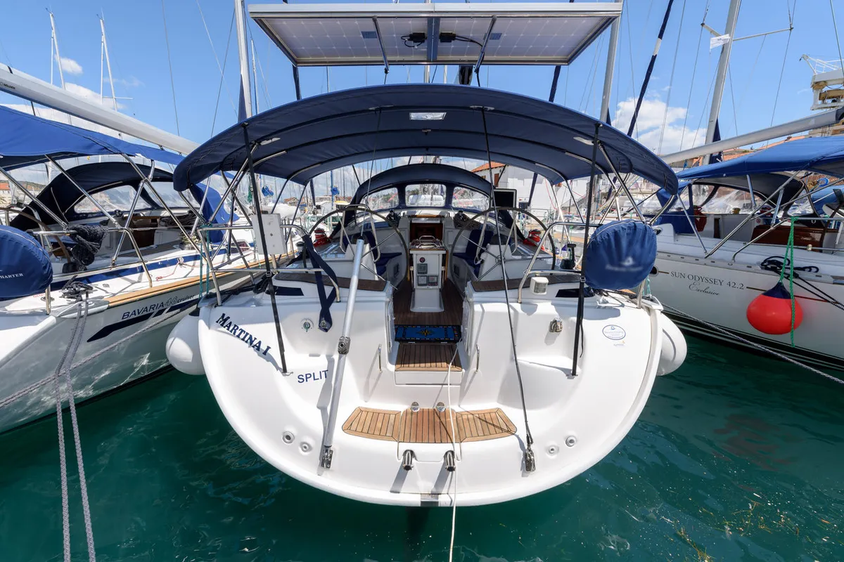 Exterior view of Martina, a Bavaria 46 Cruiser sailboat at Grad Trogir, Croatia