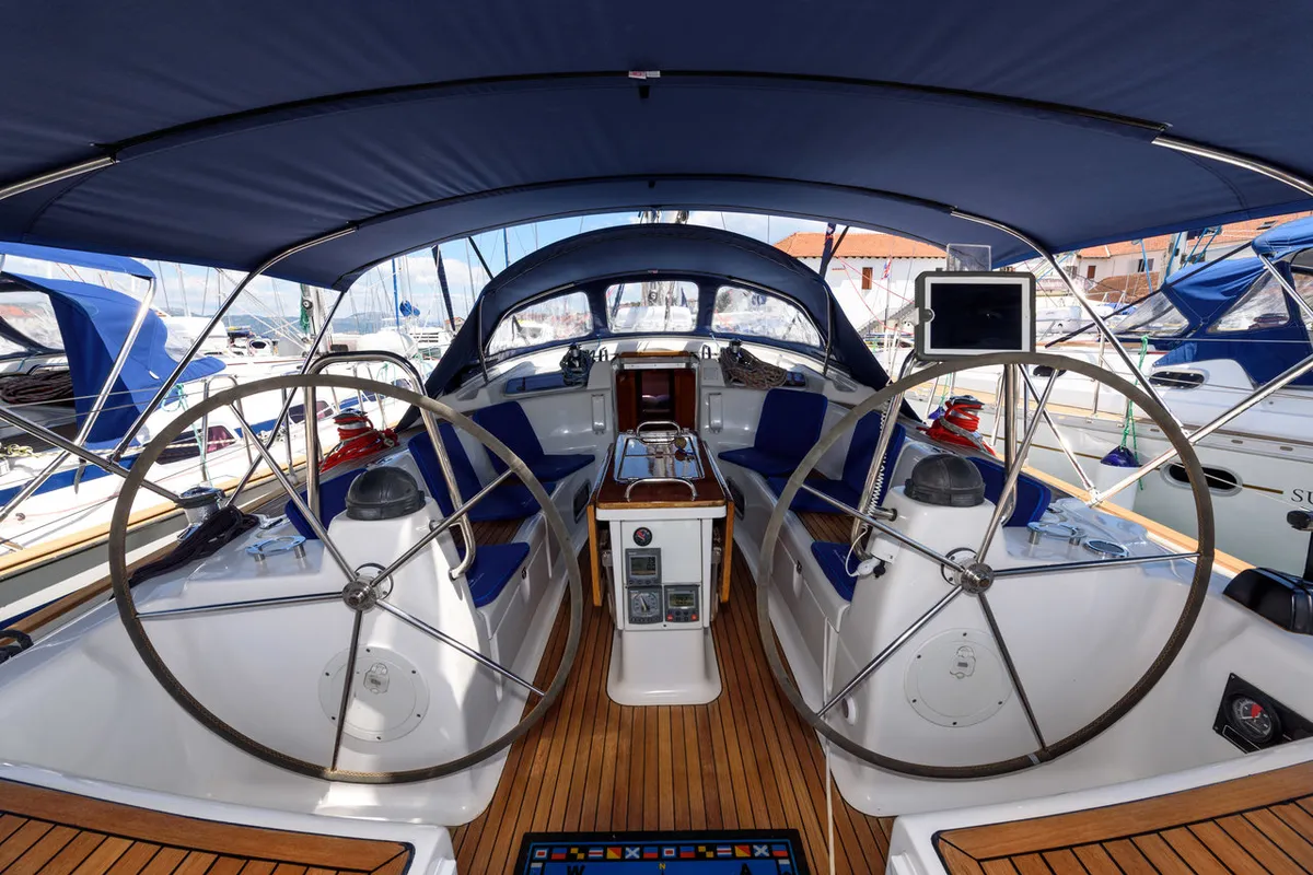 Cockpit of Martina, a Bavaria 46 Cruiser sailboat at Grad Trogir, Croatia