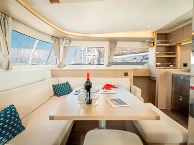 Salon of Amalia, a Lagoon 46 catamaran at Marpissa, Greece