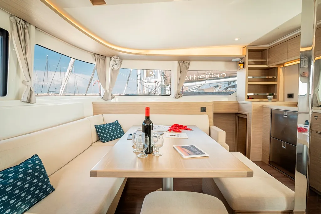 Salon of Amalia, a Lagoon 46 catamaran at Marpissa, Greece