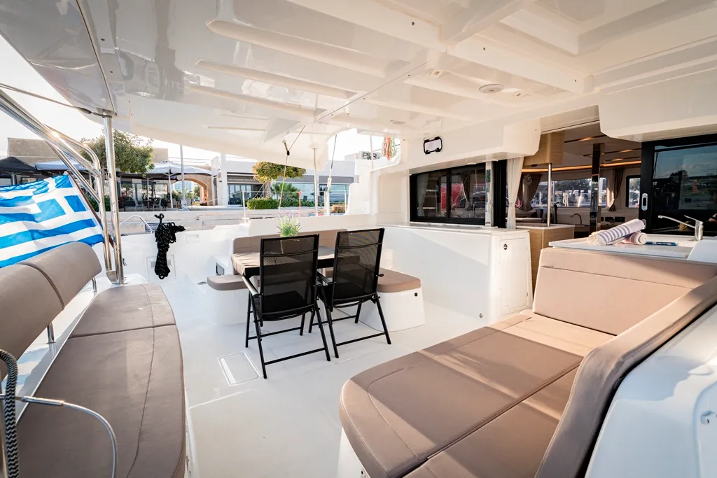 Deck of Amalia, a Lagoon 46 catamaran at Marpissa, Greece