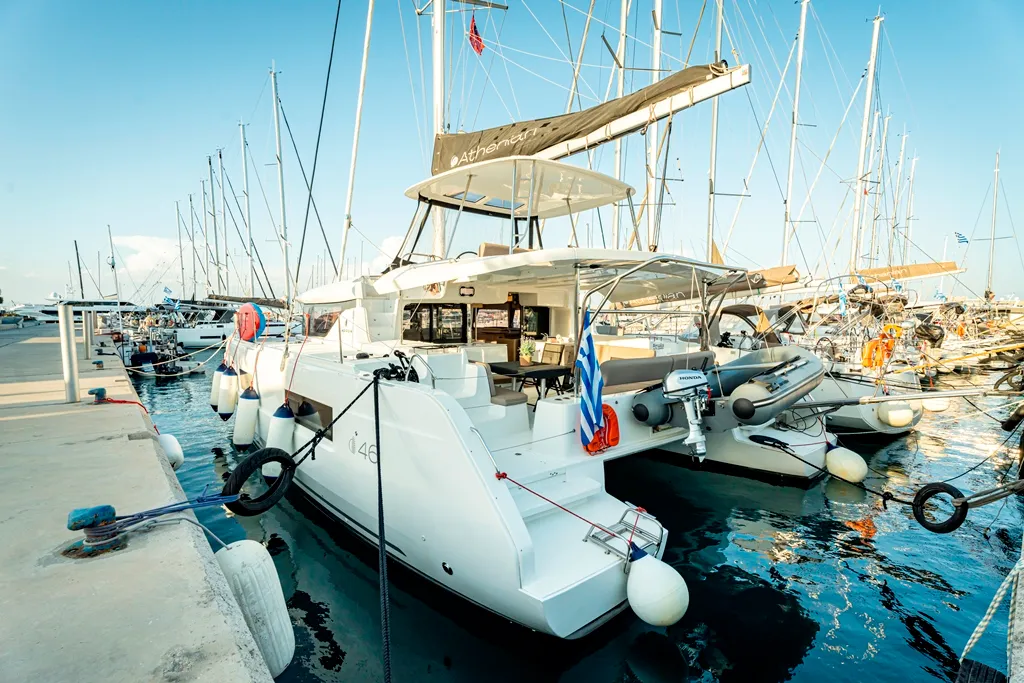 Exterior view of Amalia, a Lagoon 46 catamaran at Marpissa, Greece