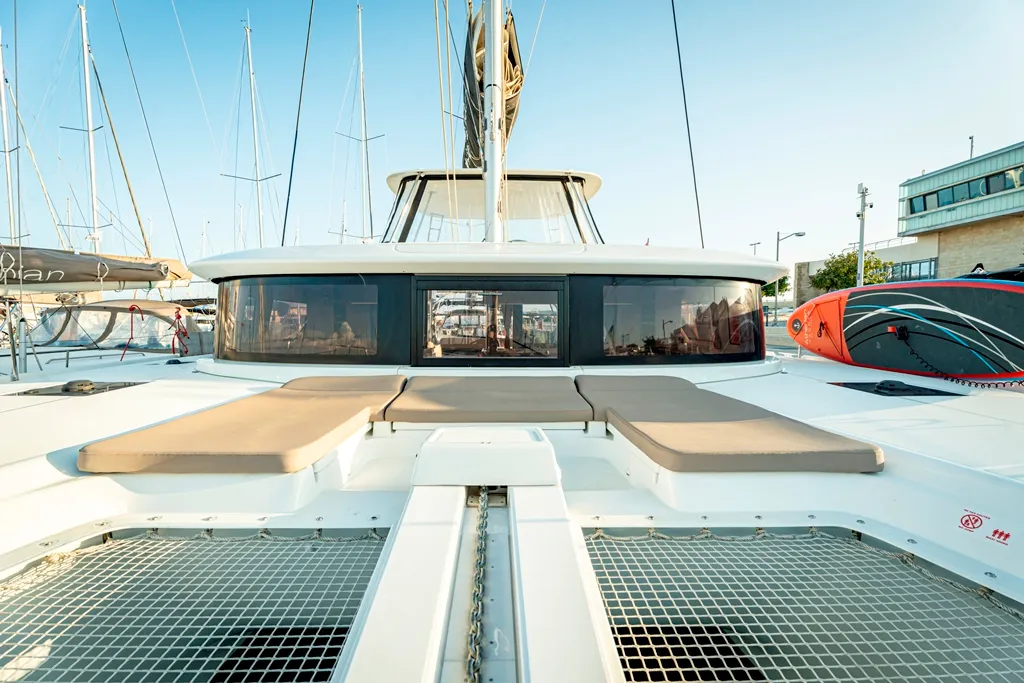 Deck of Amalia, a Lagoon 46 catamaran at Marpissa, Greece
