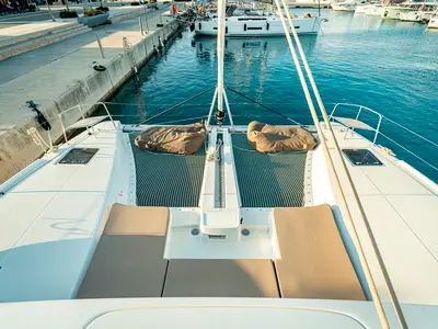 Deck of Amalia, a Lagoon 46 catamaran at Marpissa, Greece
