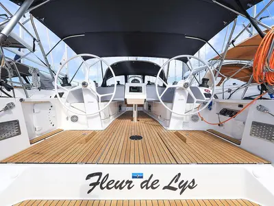 Cockpit of Fleur de Lys, a Bavaria Cruiser 41 sailboat at Murter, Croatia