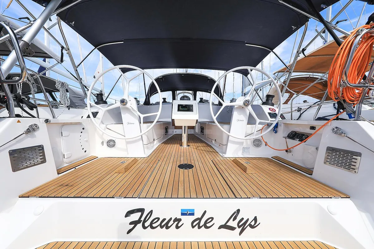Cockpit of Fleur de Lys, a Bavaria Cruiser 41 sailboat at Murter, Croatia